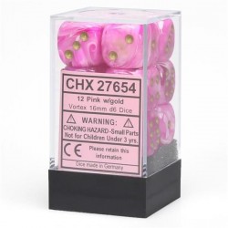 CHX27654 Vortex Pink wgold Signatur 16mm d6 with pips Dice Blocks (12 Dice)