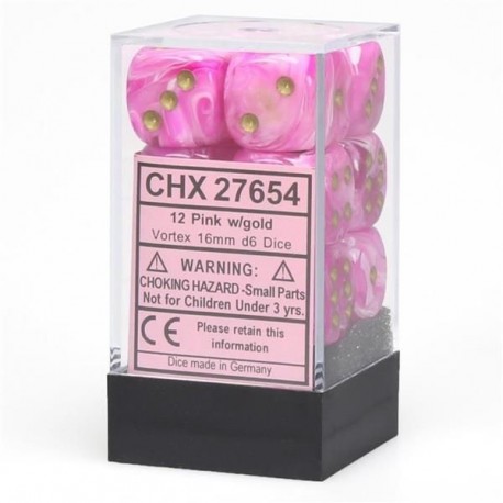 CHX27654 Vortex Pink wgold Signatur 16mm d6 with pips Dice Blocks (12 Dice)