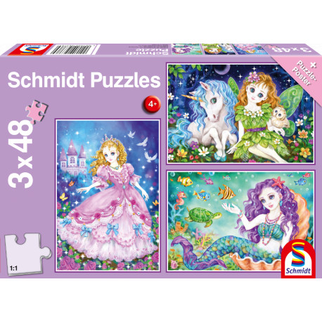 Puzzle Prinzessin, Fee, Meerjungfrau 3x48T