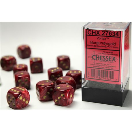 CHX27634 Vortex 16mm d6 Burgund/gold Dice Block 12 dice