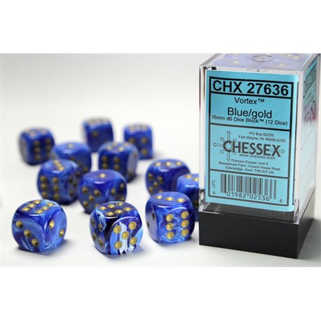 CHX27636 Vortex 16mm d6 Blue/gold Dice Block 12 dice
