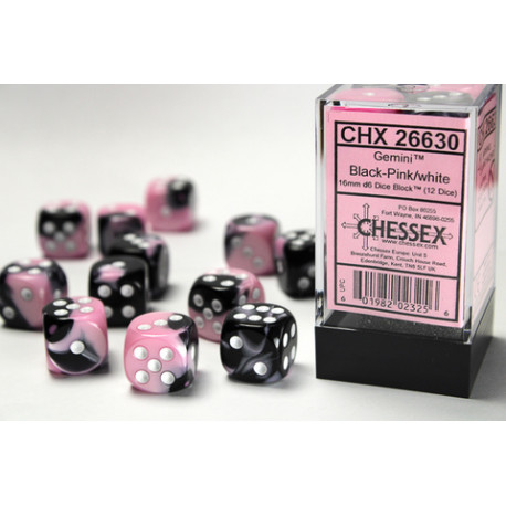 CHX26630 Gemini 16mm d6 Black-Pink white Dice Block (12 dice)