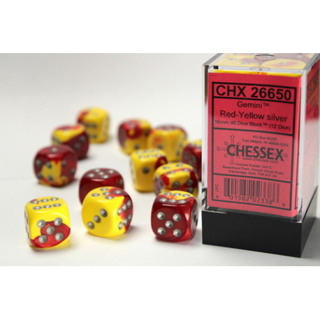 CHX26650 Gemini 16mm d6 Red-Yellow silver Dice Block (12 dice)